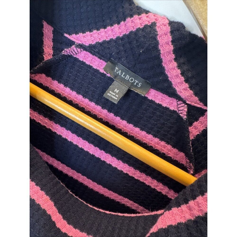Talbots Sweater M Navy Pink Stripe Waffle Knit Cowl Neck Pullover Casual Top - Picture 3 of 7